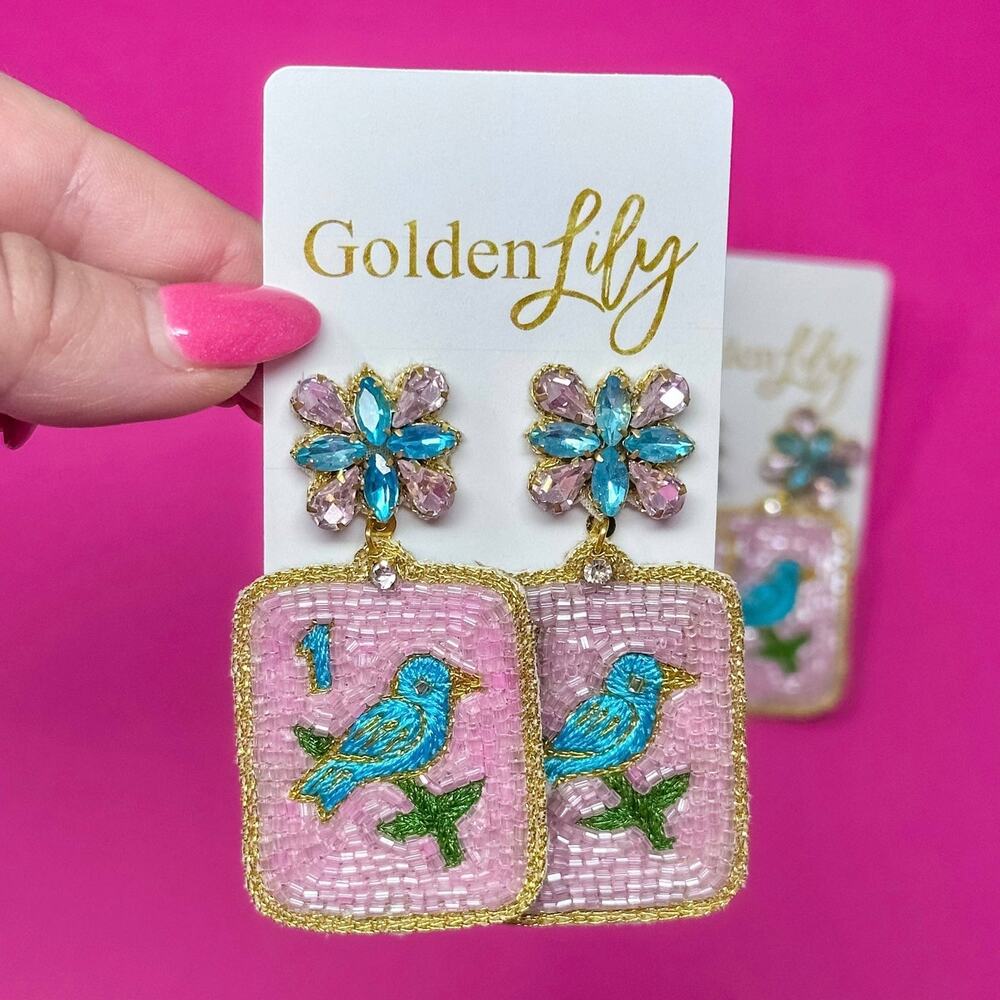 Mahjong Bird Bam Seed Bead Rhinestone Statement Earrings